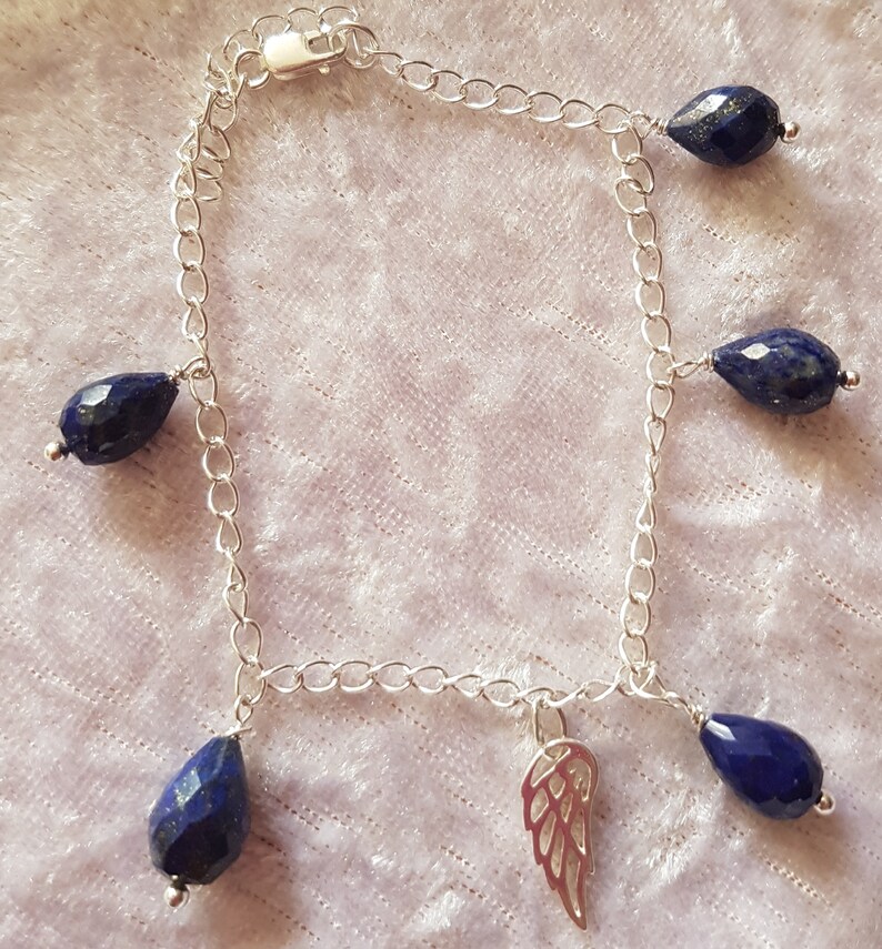Lapis Lazuli Teardrop Sterling Silver Bracelet with Wing Charm