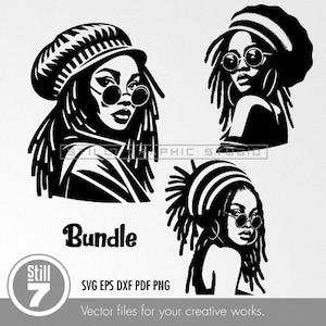 Peut inclure: Un lot de trois illustrations vectorielles en noir et blanc de femmes aux dreadlocks portant des chapeaux et des lunettes de soleil. Le texte "Bundle" et "SVG EPS DXF PDF PNG" se trouve en bas de l'image.