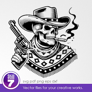 Cowboy Skull with Gun and Cigarette SVG Cut File - Perfect for Cricut and Silhouette + eps dxf pdf png