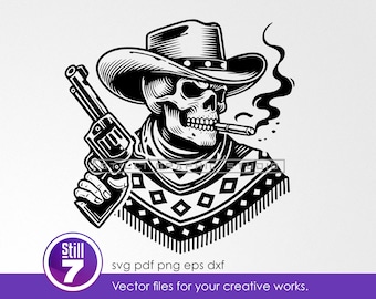 Cowboy Skull with Gun and Cigarette SVG Cut File - Perfect for Cricut and Silhouette + eps dxf pdf png