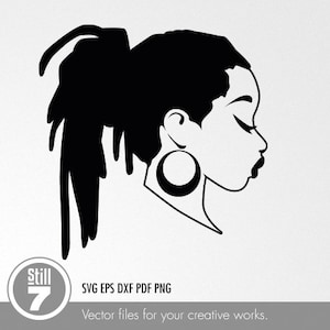 May include: Black and white silhouette of a woman with a large hoop earring and her hair in a ponytail. The woman is facing to the right and her eyes are closed.