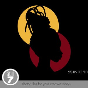 May include: A black silhouette of a person's profile with a bun hairstyle, set against a yellow and maroon backdrop on a black background. The image includes the text "SVG EPS DXF PDF PNG" and "Vector files for your creative works."