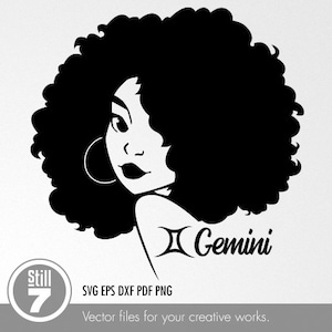 May include: Black and white silhouette of a woman with an afro hairstyle and the word "Gemini" below her.