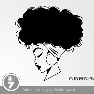 May include: Black and white silhouette of a woman with an afro hairstyle and a headband. The woman is looking down and has a large earring.