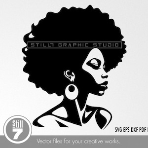Silueta elegante: perfil de sombra y luz de una mujer afroamericana joven, archivo de corte svg + eps dxf pdf png