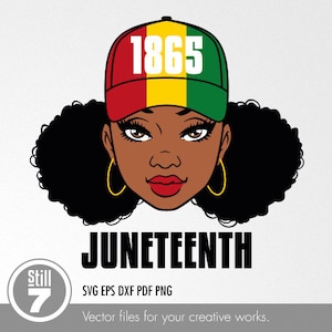 May include: A digital illustration of a Black woman with an afro wearing a red, yellow, and green baseball cap with the number 1865 on it. The text "Juneteenth" is below the image.