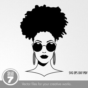 May include: Black and white vector illustration of a woman with an afro, wearing round sunglasses and hoop earrings. The image includes the text "Still 7" and "Vector files for your creative works."