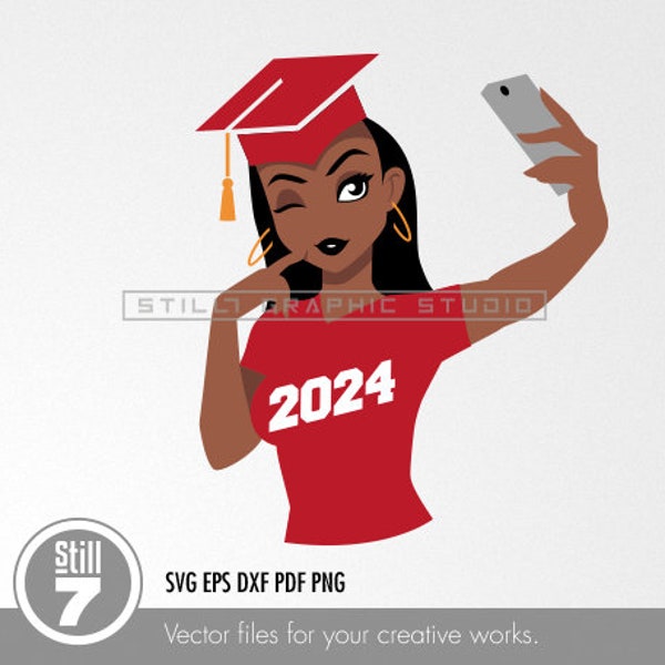 2024 Graduation SVG Cut File - African American Young Woman in Red T-Shirt - DIY Multilayer Design