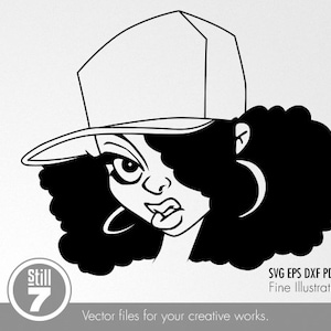 Peut inclure: Illustration en noir et blanc d'une femme aux cheveux bouclés portant une casquette de baseball. Elle a une expression sérieuse sur son visage.