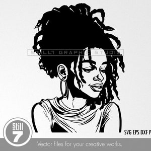 May include: Black and white line art illustration of a woman with dreadlocks, wearing a simple shirt and large hoop earrings.