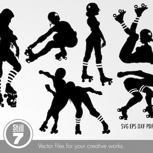 May include: Silhouettes of roller derby players in various poses, including skating, falling, and blocking. The image is in black and white and features the text "SVG EPS DXF PDF PNG" at the bottom.