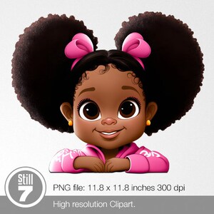 Peut inclure: Illustration numérique d'une jeune fille à la peau brune et aux grands yeux bruns. Elle a deux grosses mèches afro bouclées noires avec des nœuds roses. Elle porte un sweat-shirt rose et a une petite boucle d'oreille jaune à l'oreille gauche.