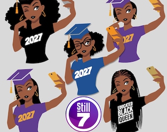 Graduation 2027 Svg Bundle 5 Designs, Black Girl Grad Selfie Svg, Class of 2027 Shirt, Afro Braids Melanin Queen Png, Cricut Cut File
