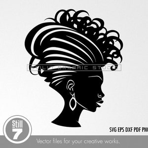 Peut inclure: Silhouette noire et blanche d'une femme avec une grande coiffure bouclée. La femme est de profil et porte une seule boucle d'oreille.