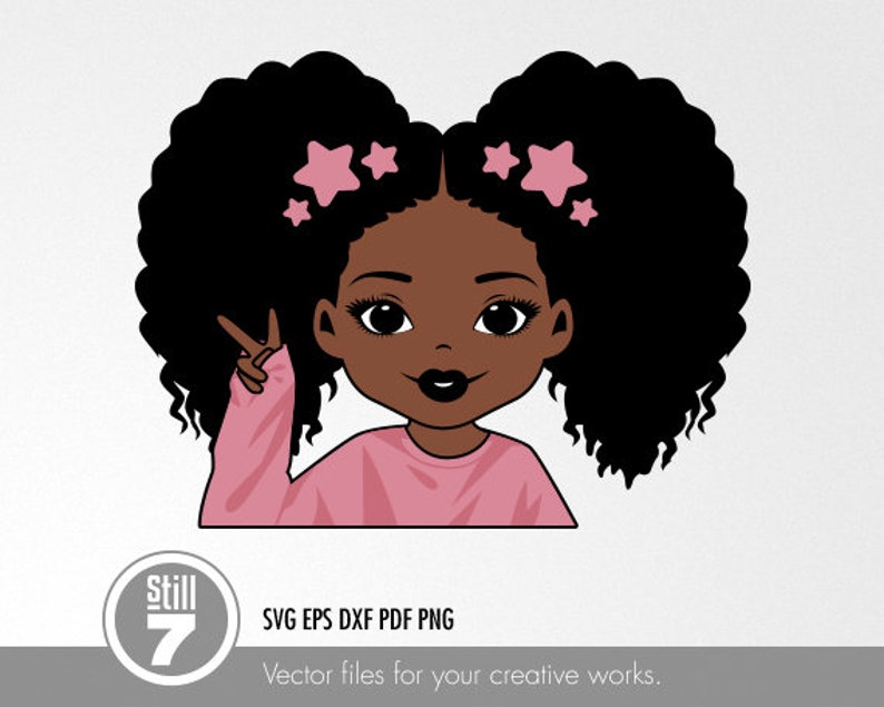May include: A digital illustration of a young girl with dark brown skin, black curly hair in two pigtails with pink star hair clips, wearing a pink long-sleeved shirt, making a peace sign with her right hand.