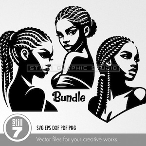 Pacchetto di 3 file di taglio SVG - Busti di donne afroamericane con trecce - Artigianato fai da te - Download istantaneo