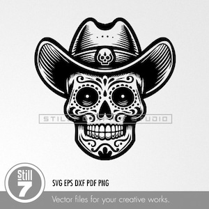 Pode incluir: Ilustração em preto e branco de uma caveira de açúcar usando um chapéu de cowboy. A caveira tem desenhos florais intrincados e um rosto detalhado.