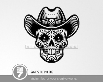 SVG Sugar Skull with Cowboy Hat - Gothic Western Style - Trendy and Sleek Design - SVG cutting file + eps dxf pdf png