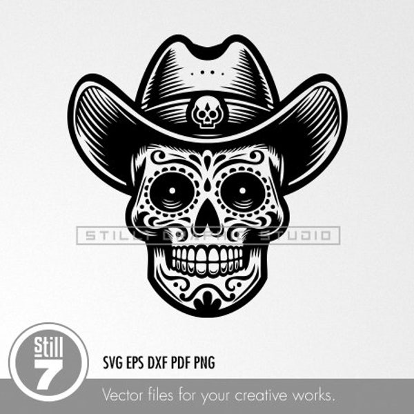 SVG Sugar Skull with Cowboy Hat - Gothic Western Style - Trendy and Sleek Design - SVG cutting file + eps dxf pdf png