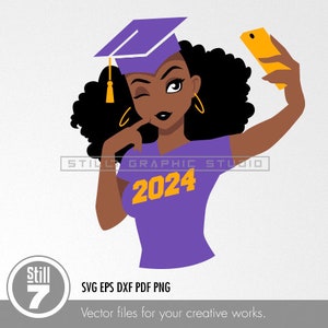 Graduate 2024 SVG File - Modern Illustration of a young black girl graduate, perfect for prints and graduation gifts.
