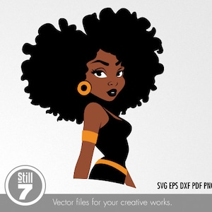 May include: A cartoon illustration of a woman with large, curly black hair, wearing a black tank top and gold jewelry. She has brown skin and is looking to the side.