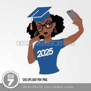 SVG Graduation File 2025 - Young African American Woman, Simple Cartoon Style, Modern 7-Color Design - svg cutting file + eps dxf pdf png