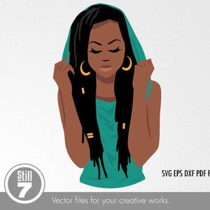 May include: A digital illustration of a woman with long black braids wearing a teal hooded top and gold hoop earrings.
