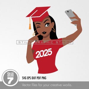 2025 Graduation SVG Cut File - African American Young Woman in Red T-Shirt - DIY Multilayer Design