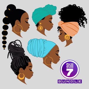 Svart kvinna huvudbonad svg png eps pdf dxf paket, afro kvinna profil klippfil, flerskiktad