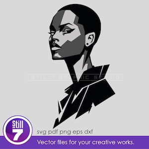 May include: A monochrome vector illustration of a woman's profile with a short hairstyle and angular features. The image includes the text "STILLT GRAPHIC STUDIO" and "Still 7" with file type information and "Vector files for your creative works."