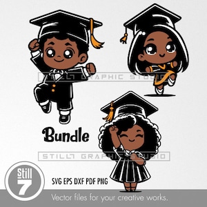 Exklusives Paket mit 3 SVG-Schnittdateien – Abschluss 2024, afroamerikanisches Chibi-Thema + Eps-Dxf-PDF-Png