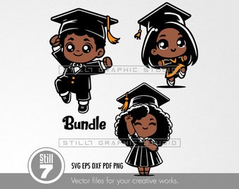 Exclusive Bundle of 3 SVG Cut Files - Graduation 2024, African-American chibi theme + eps dxf pdf png