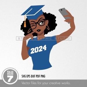 SVG Graduation File 2024 - Young African American Woman, Simple Cartoon Style, Modern 7-Color Design - svg cutting file + eps dxf pdf png