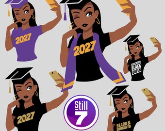 Graduation 2027 Svg Bundle, Black Girl Graduate Selfie Svg, Educated Black Queen Svg, Class of 2027 Shirt, Afro Woman Grad Png