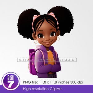 Menina afro com capuz roxo e mochila a caminho da escola, arquivo HD PNG com fundo transparente de 300 dpi, arquivo digital