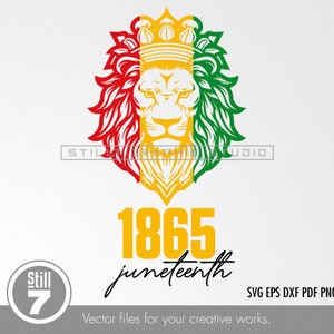 Peut inclure: Une tête de lion avec une couronne, en rouge, vert et jaune, avec l'année 1865 et le mot "juneteenth" en dessous.