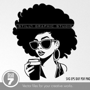 Black Woman genieten van koffie svg - Afro Woman svg - svg snijbestand + eps dxf pdf png
