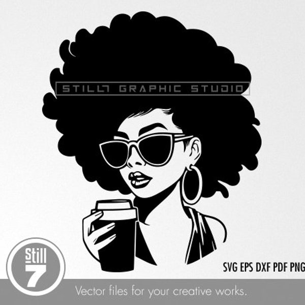 Black Woman enjoying coffee svg - Afro Woman svg - svg cutting file + eps dxf pdf png