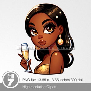 Digital Illustration of African American Woman in Golden Evening Attire - Transparent PNG, Flat Design Style - Size 13.65 inches