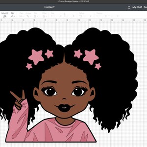 May include: A digital illustration of a girl with dark brown skin, black curly hair, and pink stars in her hair. She is wearing a pink shirt and is making a peace sign with her hand.