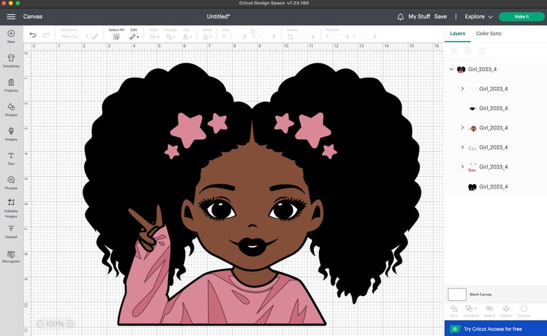May include: A digital illustration of a girl with dark brown skin, black curly hair, and pink stars in her hair. She is wearing a pink shirt and is making a peace sign with her hand.