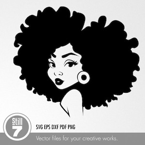 May include: Black and white silhouette of a woman with an afro hairstyle. The woman is looking to the side and has a large earring.