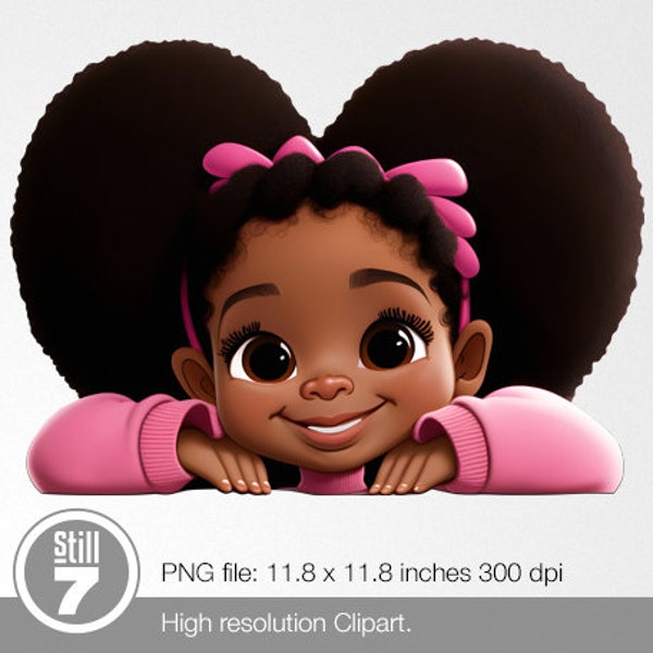 Afro girl, puff haircut wearing a pink sweat shirt, peek a boo PNG file HD 300 dpi transparent background, digital file