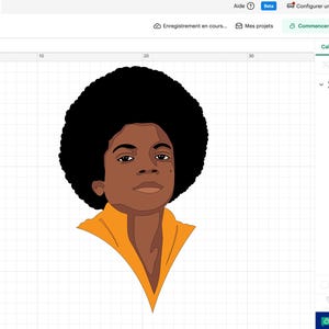 Peut inclure: Une illustration vectorielle num&eacute;rique repr&eacute;sentant une personne avec une grande coiffure afro noire, une peau brune et une chemise &agrave; col jaune, affich&eacute;e sur un fond quadrill&eacute; blanc dans une interface de logiciel de conception avec des calques.