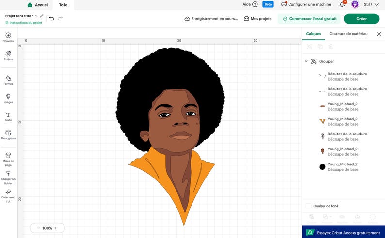 Peut inclure: Une illustration vectorielle num&eacute;rique repr&eacute;sentant une personne avec une grande coiffure afro noire, une peau brune et une chemise &agrave; col jaune, affich&eacute;e sur un fond quadrill&eacute; blanc dans une interface de logiciel de conception avec des calques.