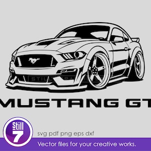 May include: A black and white vector illustration of a Ford Mustang GT sports car, shown from a front three-quarter angle. The text MUSTANG GT appears below the car, followed by a circular logo with the text Still 7 and svg pdf png eps dxf.