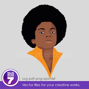 Peut inclure: Une illustration vectorielle num&eacute;rique d'une personne avec une grande coiffure afro noire, portant une chemise &agrave; col orange. Le graphique inclut le texte Still Graphic Studio et un logo circulaire avec le texte Still 7, svg, pdf, png, eps, dxf.