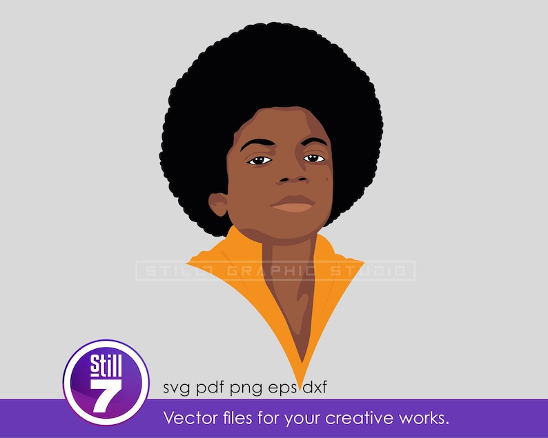 Peut inclure: Une illustration vectorielle num&eacute;rique d'une personne avec une grande coiffure afro noire, portant une chemise &agrave; col orange. Le graphique inclut le texte Still Graphic Studio et un logo circulaire avec le texte Still 7, svg, pdf, png, eps, dxf.