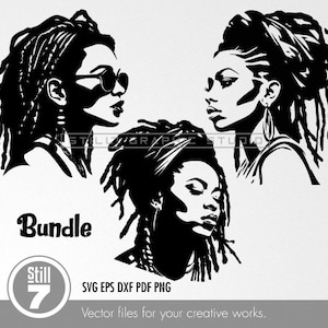 Peut inclure: Un lot de trois illustrations en silhouette noire et blanche de femmes avec des dreadlocks. Le texte "Bundle" et "Still 7" est également inclus dans l'image.