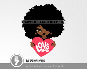 May include: A digital illustration of a Black woman with an afro holding a pink heart with the word "LOVE" written in white.